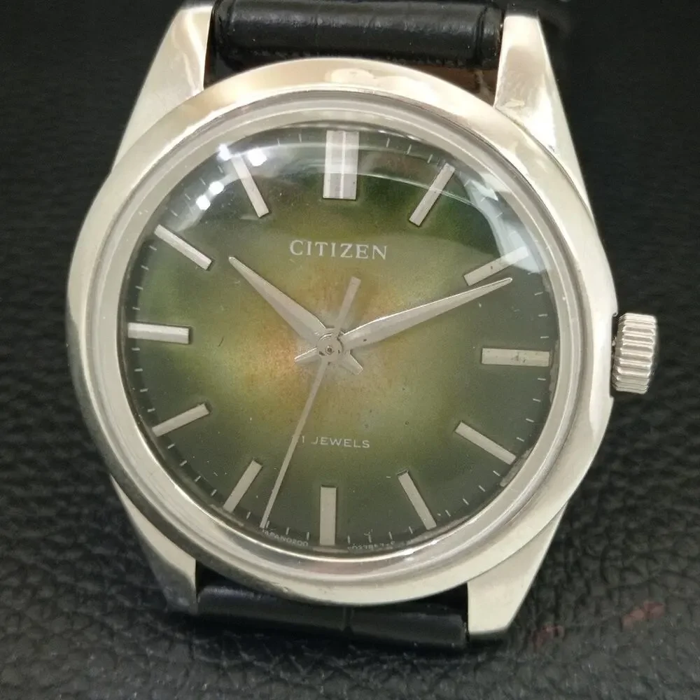 Vintage 1984 Citizen Manual Wound Mens Silver Watch & Olive accents